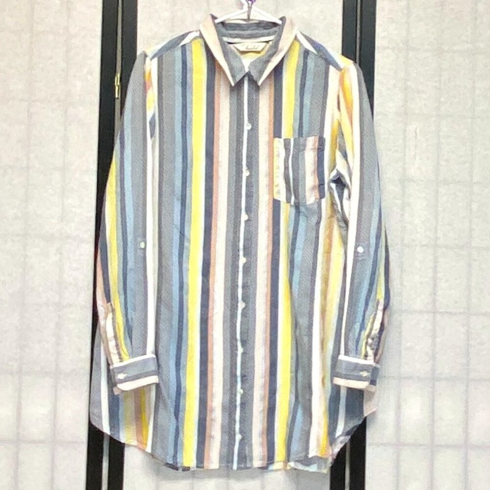 Caffé Marrakesh Stripe Tunic Shirt M Relaxed Roll Sleeve Button-Up Collared Top